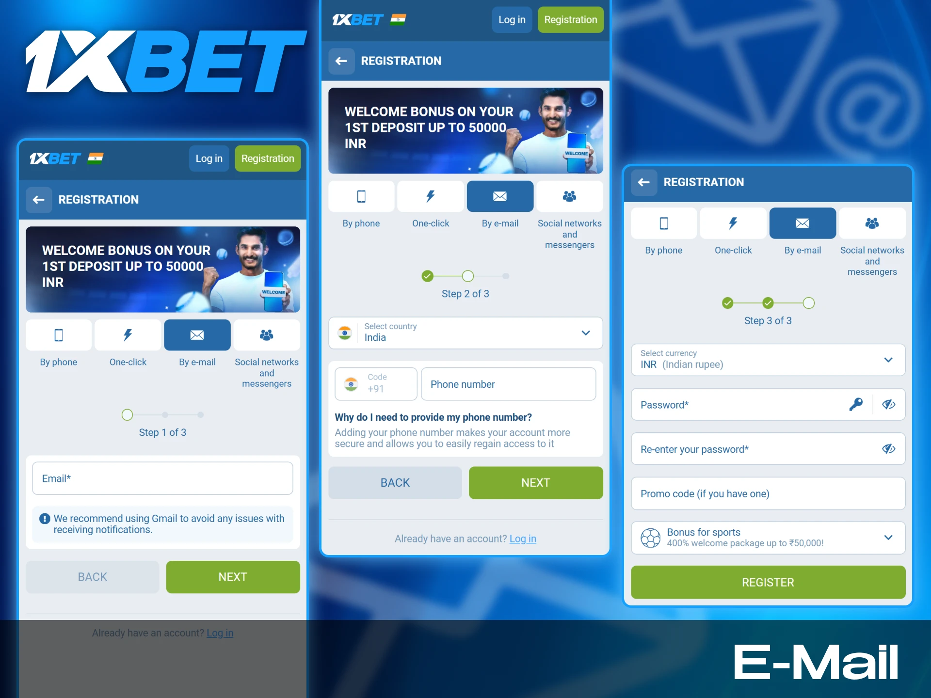 Enter your email to register in the 1xbet sportsbook.