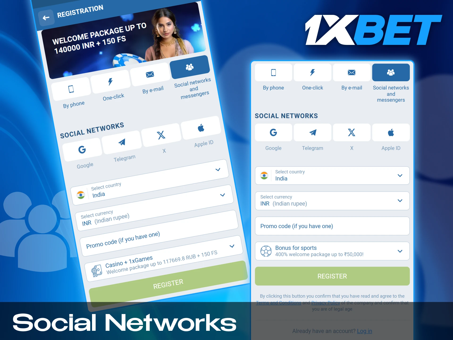 Socila networks is an easy way to create an account in 1xbet.