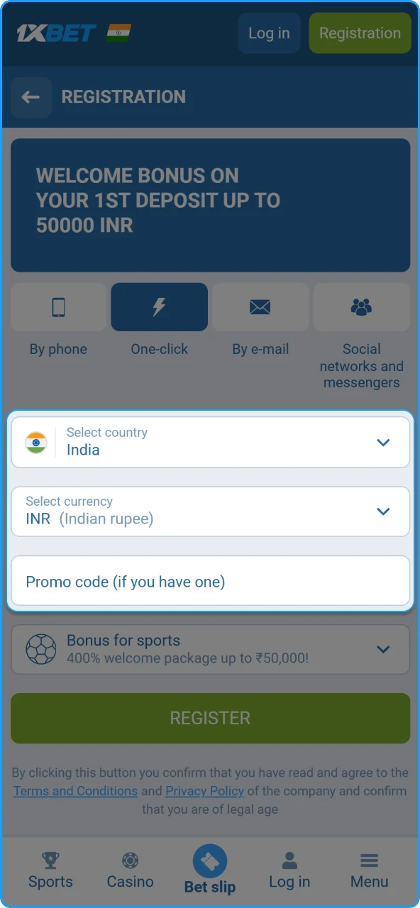 Completing the personal profile section to qualify for 1xBet India bonus programs.