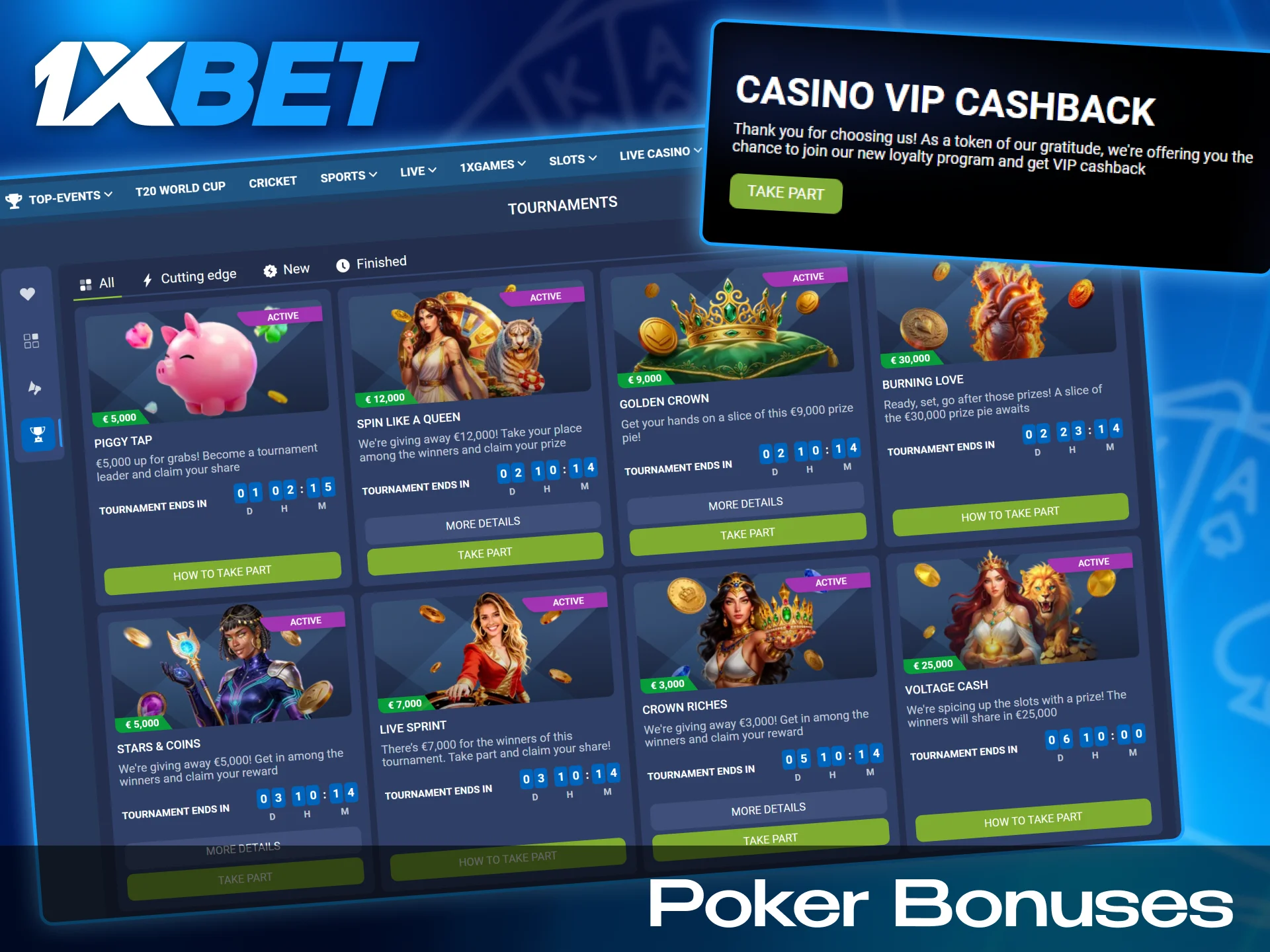 Poker lovers also will find some interesting bonuses for themselves in 1xbet.