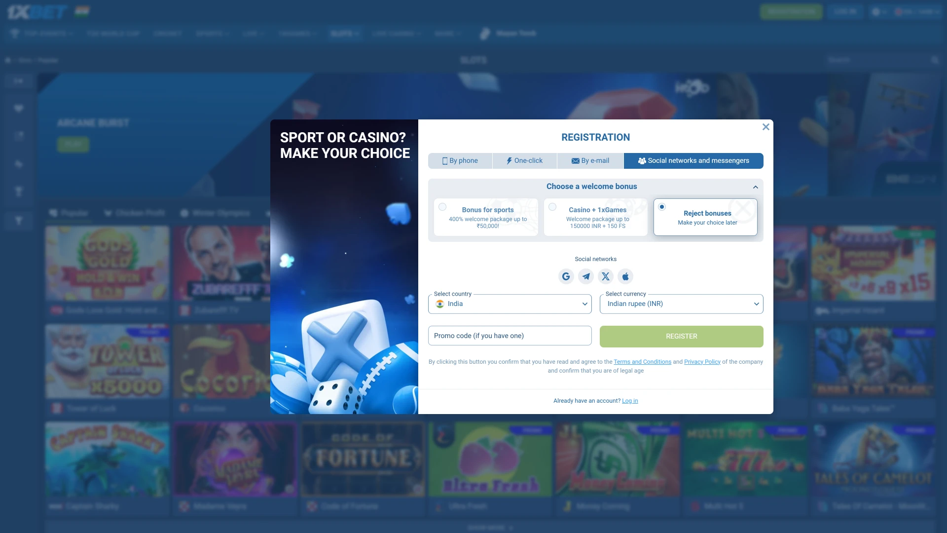 You can also register in the 1xbet casino via your existing social networks accounts.