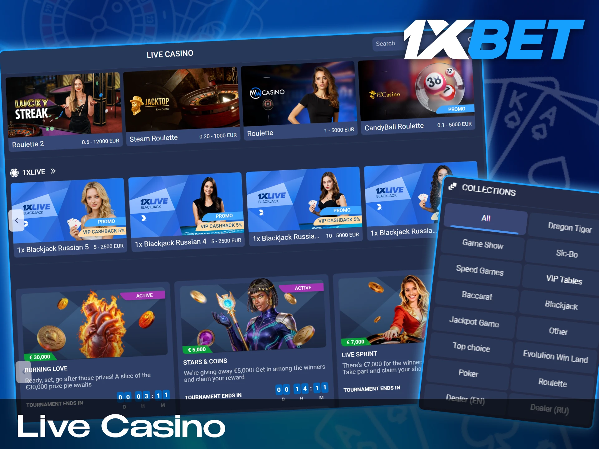 Play all the favorite casino games with a real dealer.