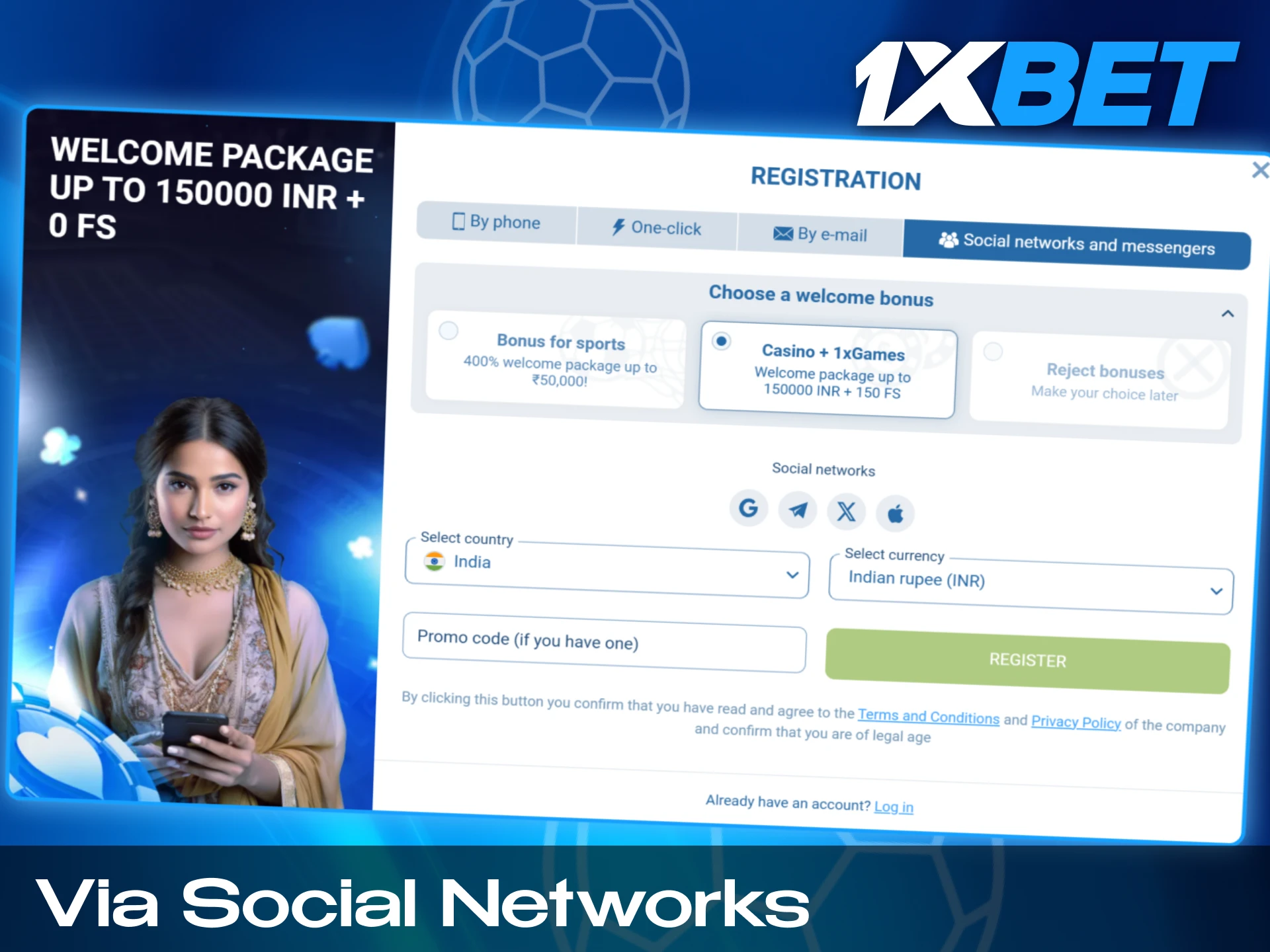 Your existed social networks and messangers can help you to create the 1xbet account.