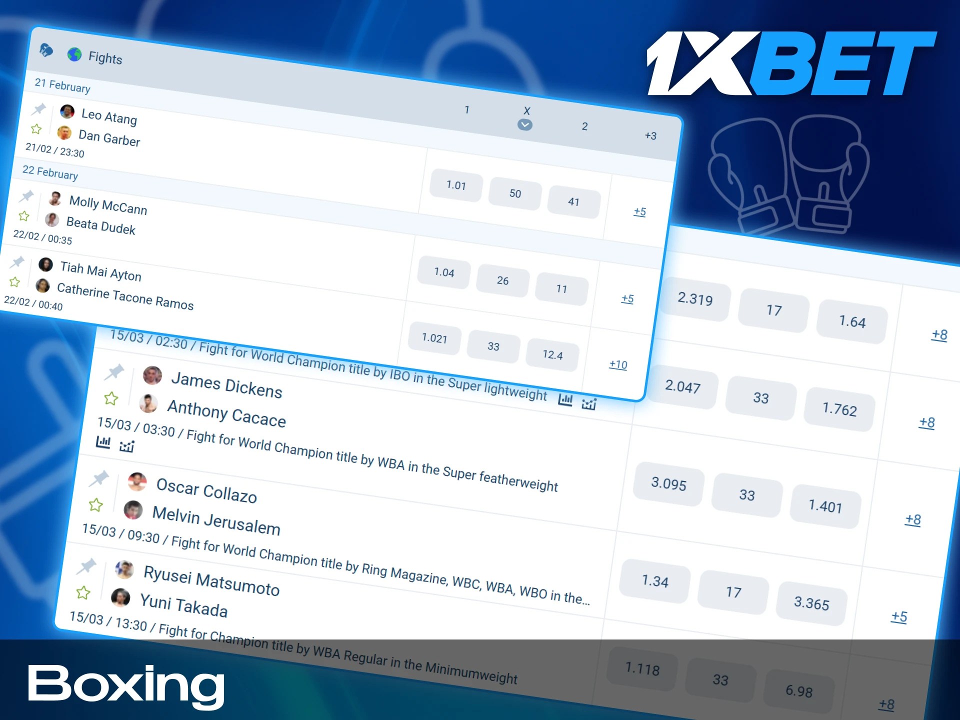 Betting markets and fight odds for professional boxing matches and world title events on 1xBet India.