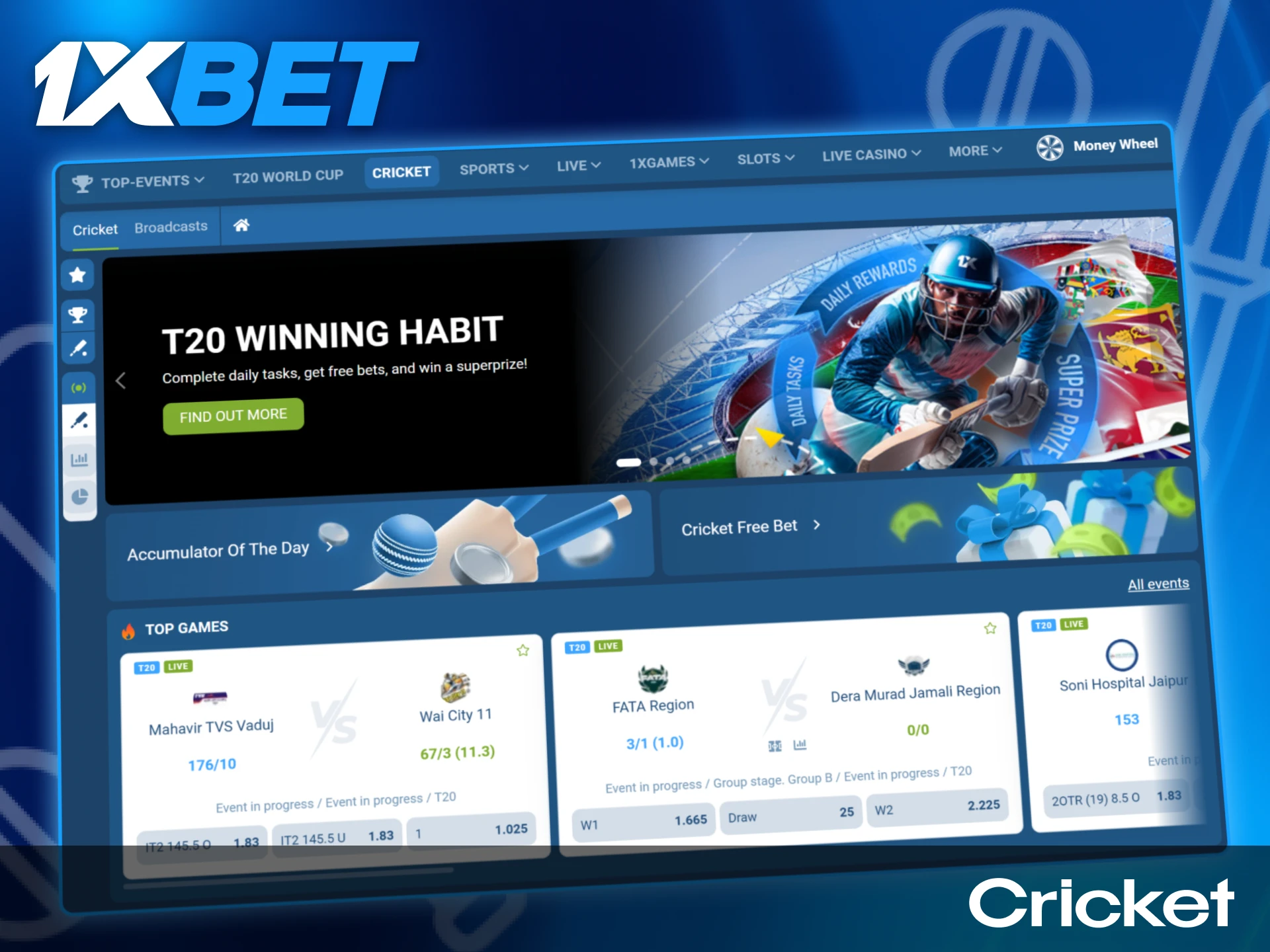 Start betting on cricket with 1xBet.