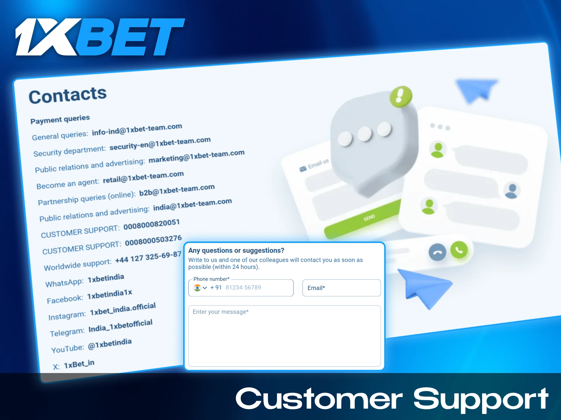 Contact options and 24/7 assistance channels for user support on 1xBet India.
