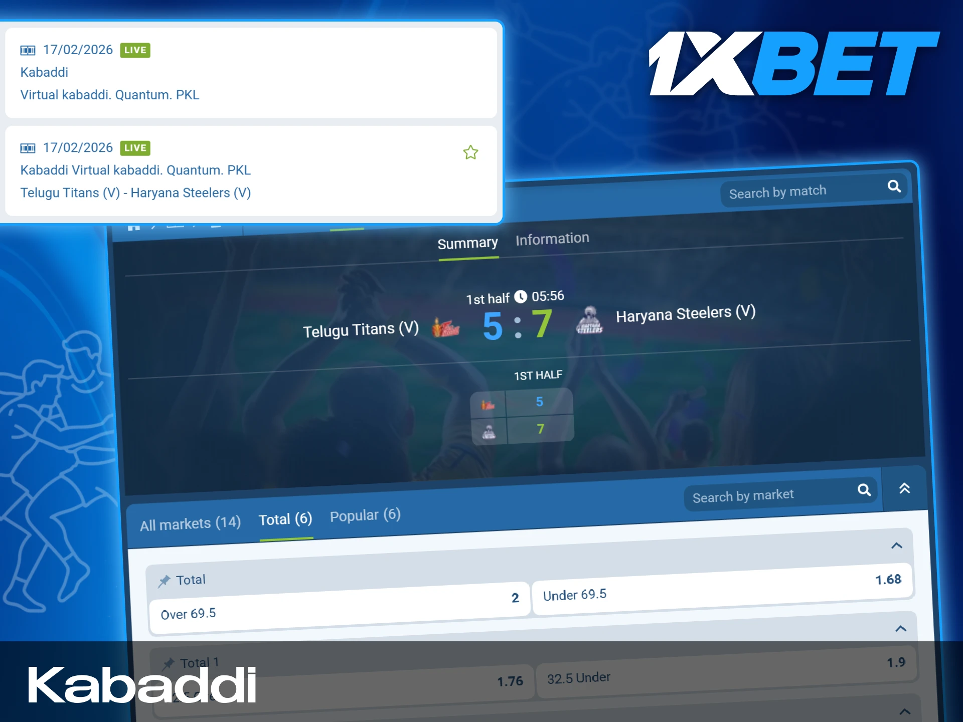Betting markets and competitive odds for Pro Kabaddi League and international matches on 1xBet India.