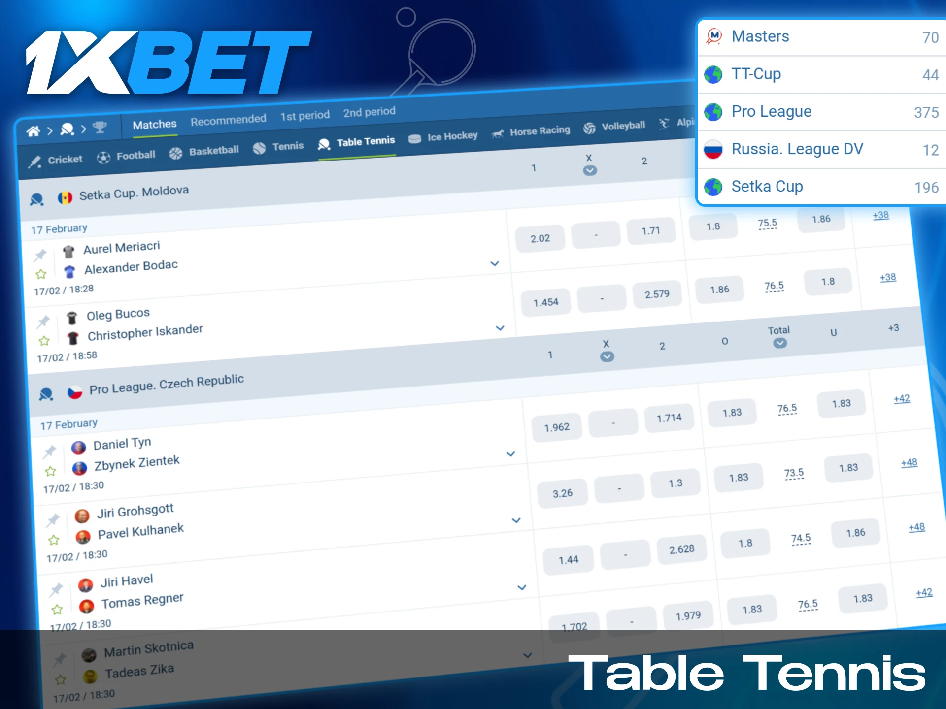 Real time odds and betting markets for professional table tennis matches on 1xBet India.