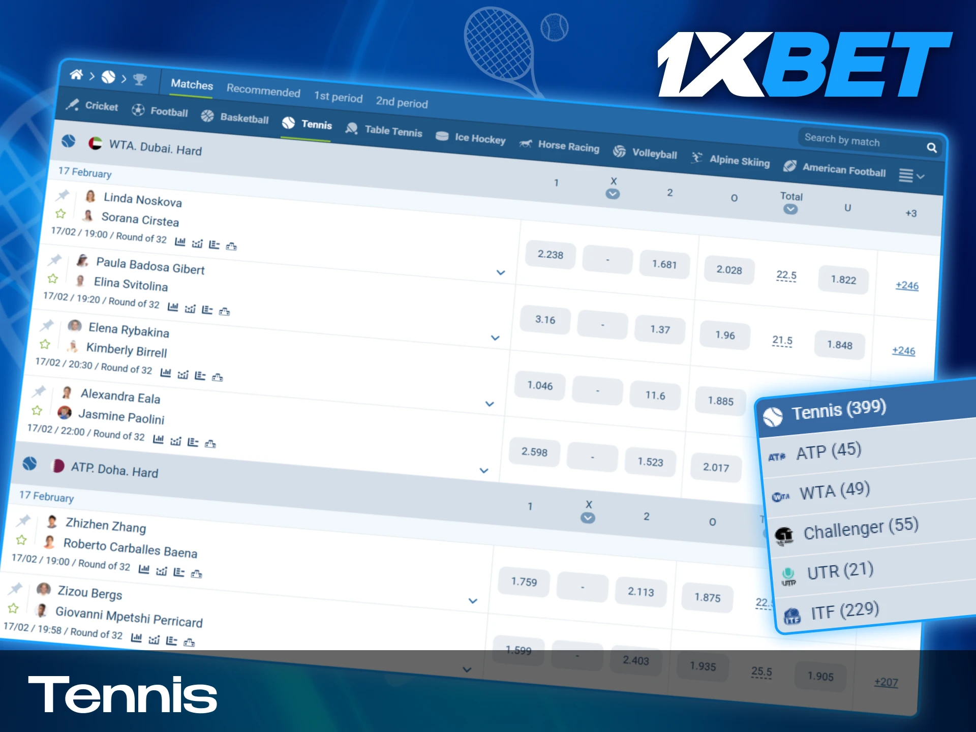 Selection of betting markets for ATP WTA and Grand Slam tennis tournaments on 1xBet India.
