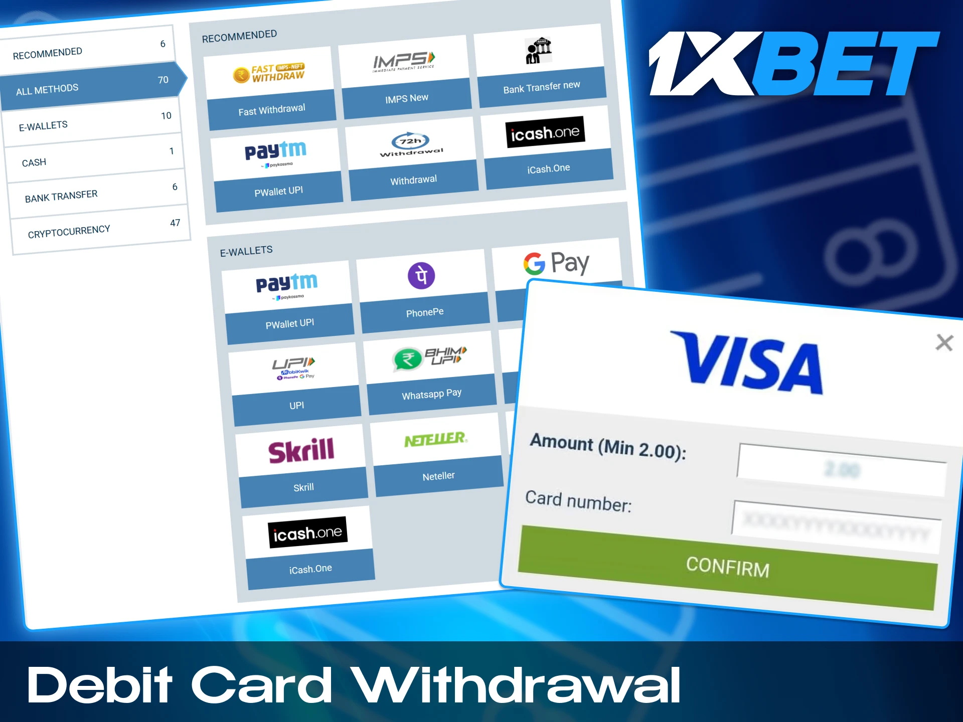 Mastercard and Visa cards is a great option for a convenient withdrawal.