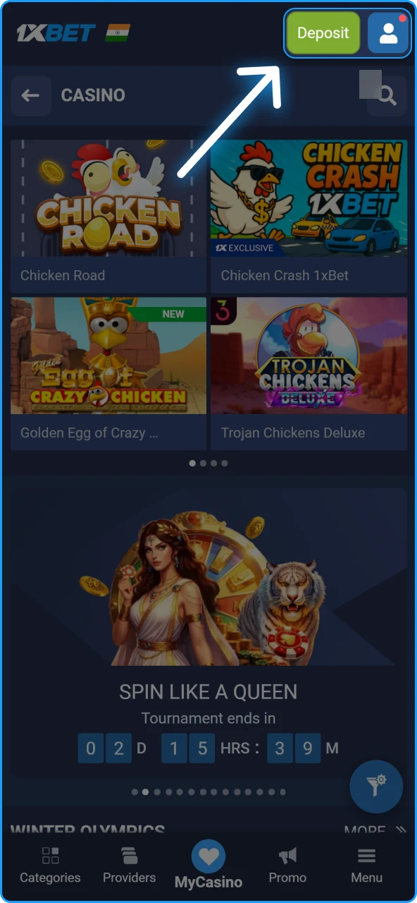 Accessing the personal account dashboard and banking menu on 1xBet India.