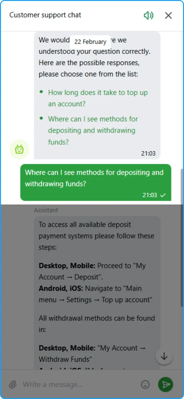 Typing a specific inquiry into the 1xBet India live chat window to start a conversation.