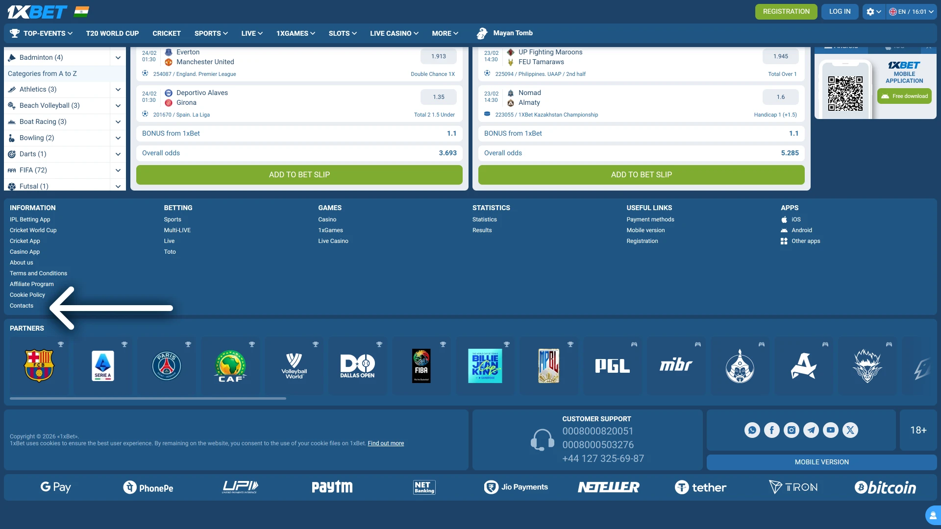 Locating and selecting the support or contact section in the 1xBet India website footer.