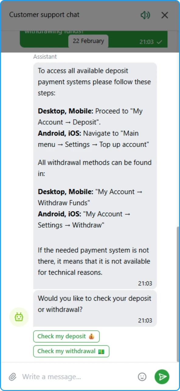 Receiving a real time response from a 1xBet India customer support representative.